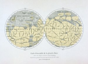 Mapa montado do planeta Marte, a partir de observações feitas durante seis oposições em 1877-88